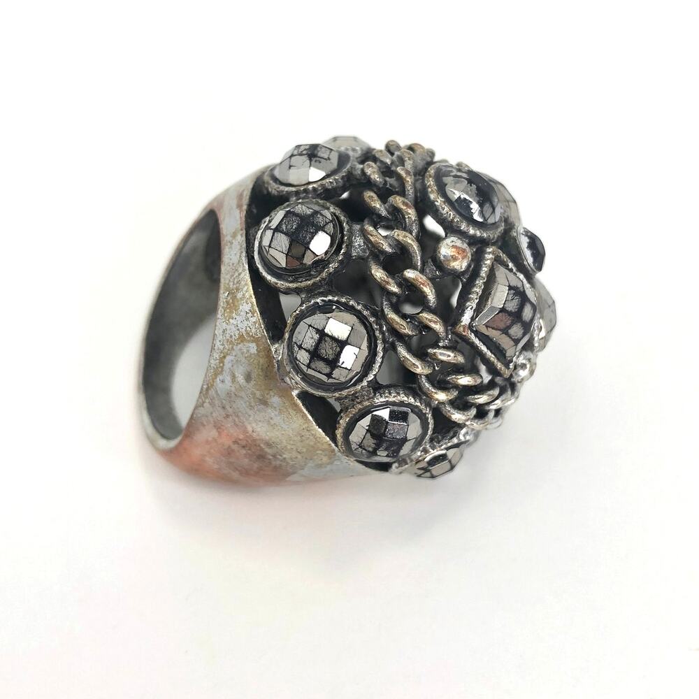 Renaissance Gothic Ring Size 8.5 Chain Link Rhinestones Silver Tone Ring Vintage